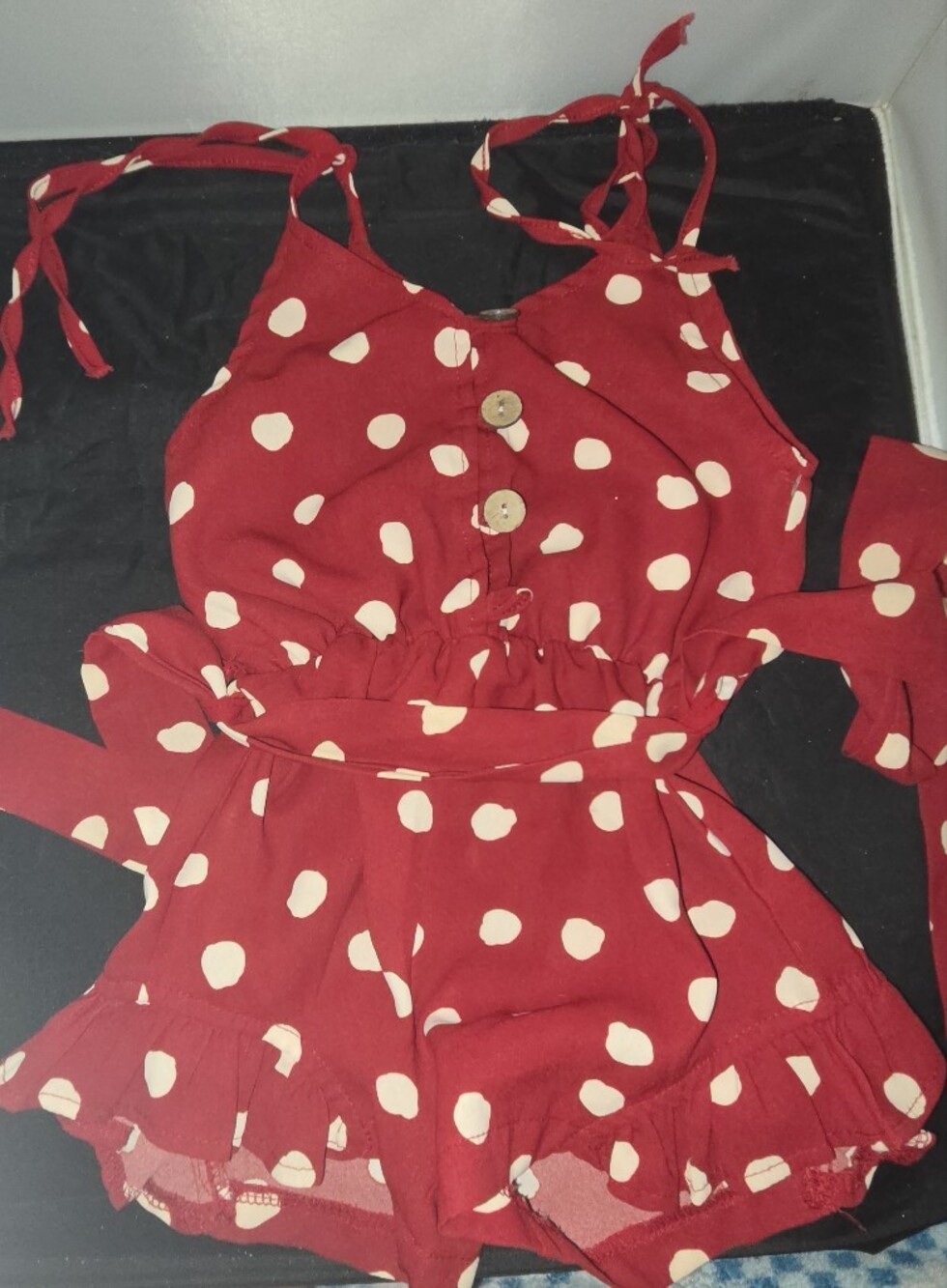 Source Unknown Red Polka Dot Girls Romper with Tie Straps